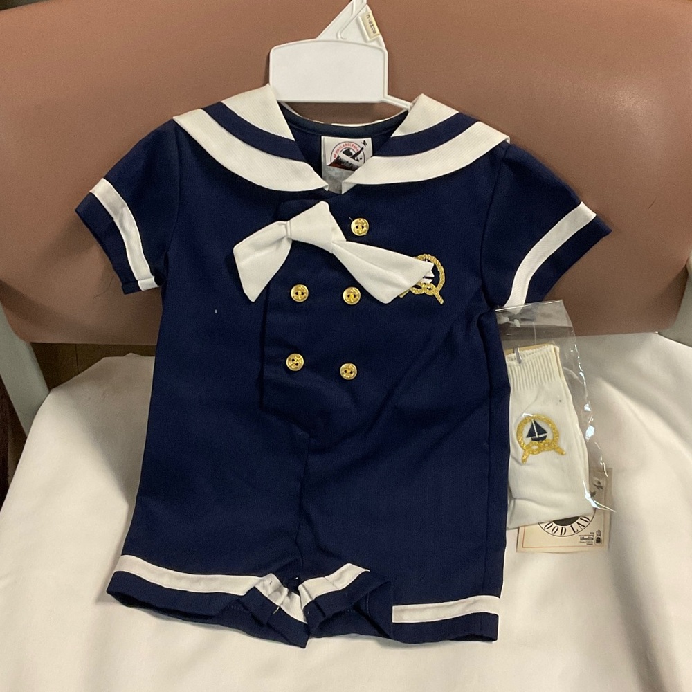 Navy Blue Sailor Romper with White Accents